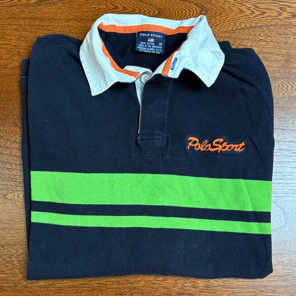 Polo Sport by Ralph Lauren Men's Navy Shirt with Green and Orange Accents XL